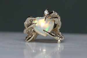 Opal Cabochon Love Heart with A Diamond Wart - Yellow Gold