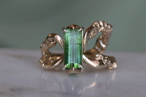 Green Tourmaline, Emerald and Orange Sapphire - Yellow Gold Mood Ring - Resize to 'J' - RESERVED