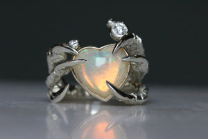 Opal Cabochon Love Heart with Three Diamond Warts - White Gold