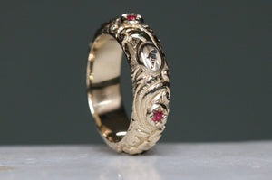 Engraved Ruby Pigeon Band - 9ct Gold