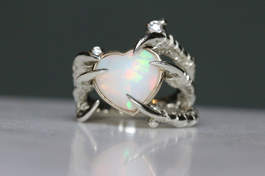 Opal Facetted Love Heart with Two Diamond Warts - White Gold