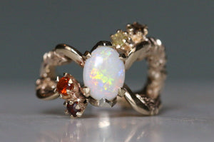 Encrusted Opal Solitaire with Ruby and Diamond Teardrops - size I 1/2