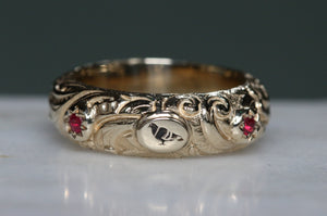 Engraved Ruby Pigeon Band - 9ct Gold